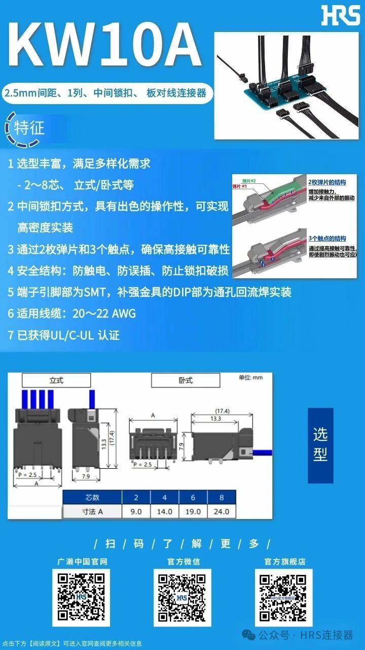【產品推薦】2.5mm間距、1列、中間鎖扣、板對線連接器KW10A系列