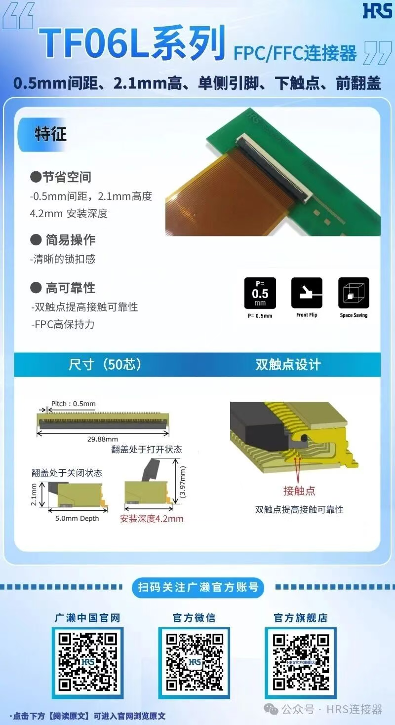 【產品推薦】單側引腳，下觸點，前翻蓋的FPC/FFC連接器TF06L系列